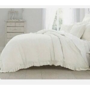 Wamsutta Adele White Linen Ruffle Duvet Cover & 2 Shams Set Full- Queenl